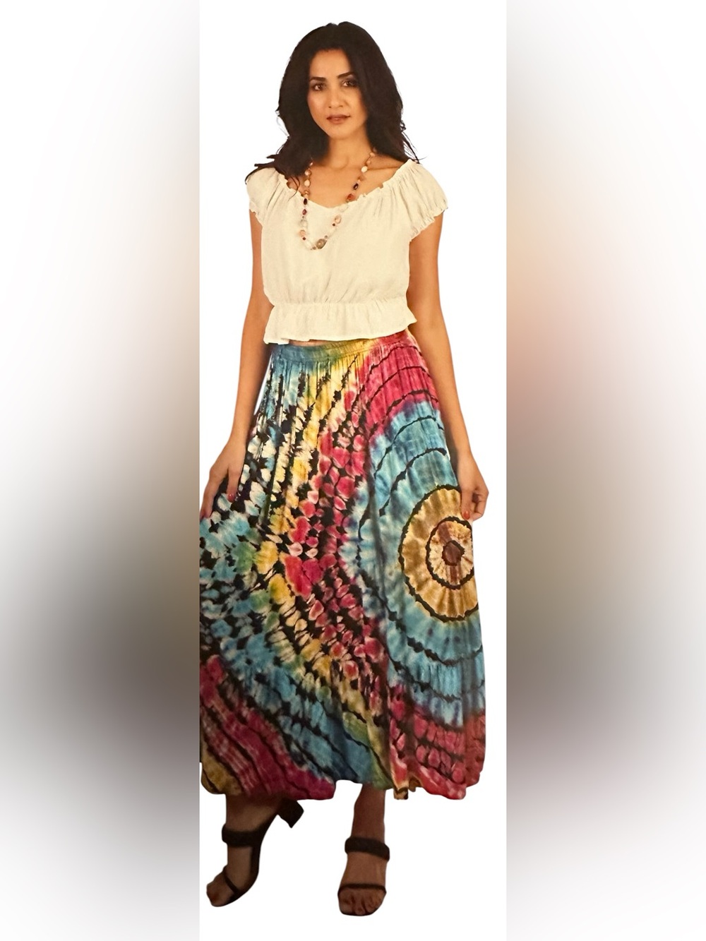 Sacred Threads Tie-Dye Maxi Skirt — Turquoise, Pink, Yellow & Black. 6233 BL/OR